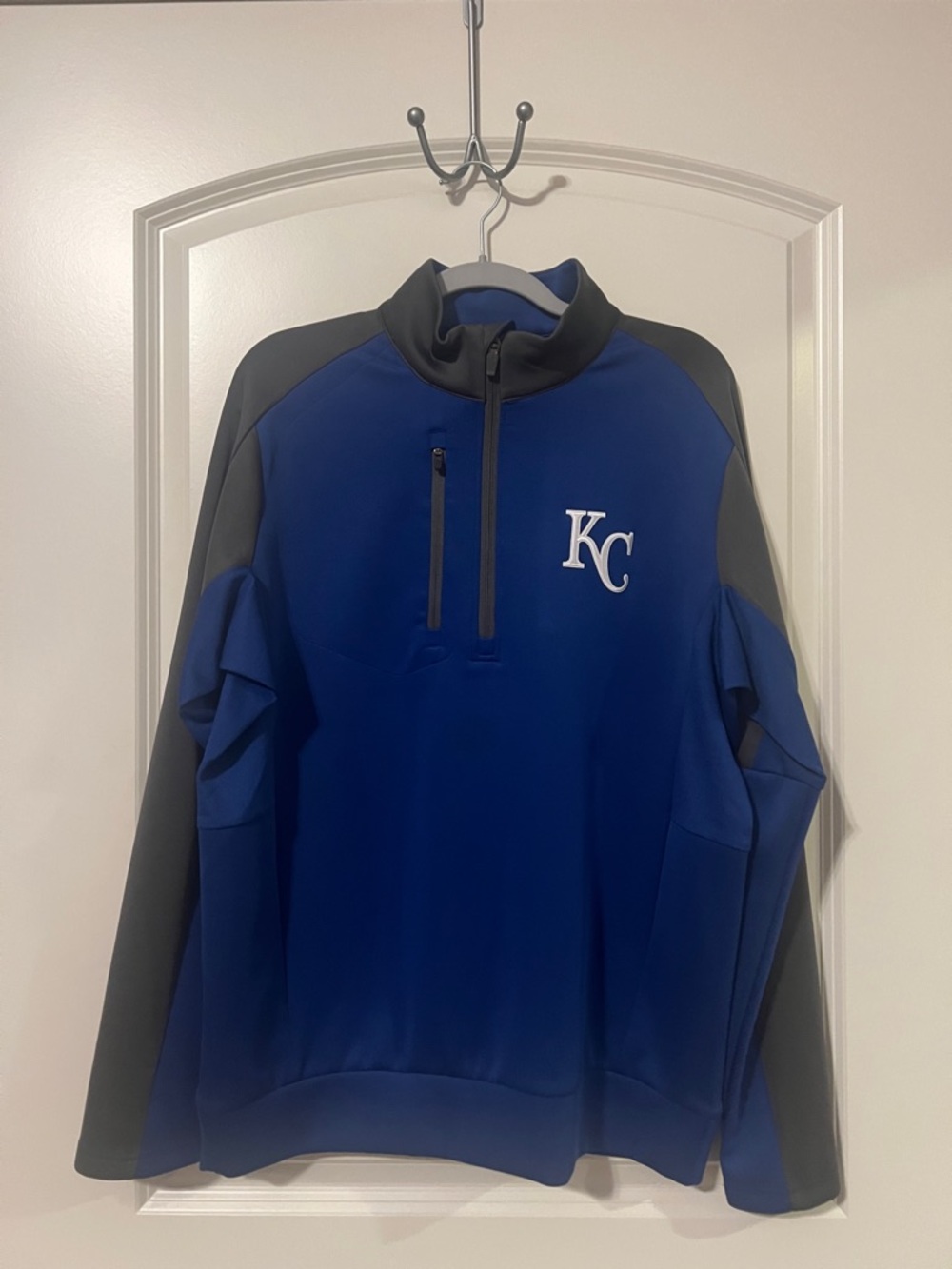 Antigua Royal Blue and Grey Pullover Jacket with White KC Royals Logo